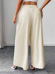 Elenzga Plus Size Women High Waist Pleated Wide Leg Loose Casual Pants - Apricot - View 2