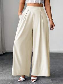Elenzga Plus Size Women High Waist Pleated Wide Leg Loose Casual Pants - Apricot - View 7