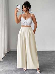 Elenzga Plus Size Women High Waist Pleated Wide Leg Loose Casual Pants - Apricot - View 5