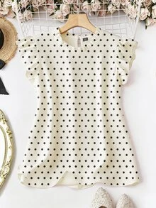 EMERY ROSE Plus Size Women Polka Dot Print Round Neck Cap Sleeve Blouse - Multicolor - View 1
