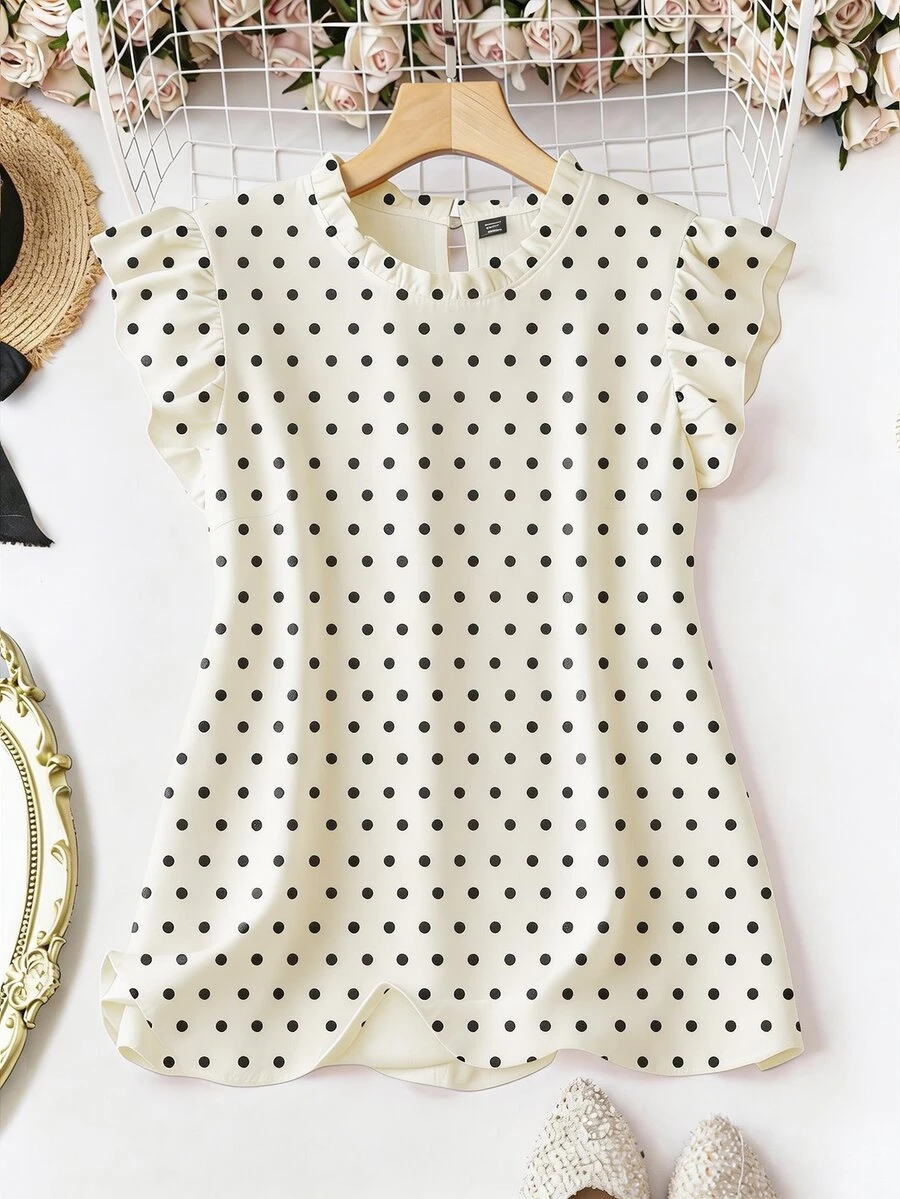 EMERY ROSE Plus Size Women Polka Dot Print Round Neck Cap Sleeve Blouse - Multicolor - View 1