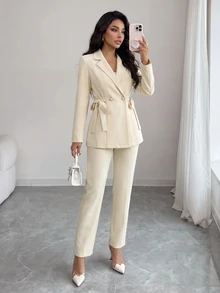 Modelyn 女士时尚休闲翻领双排扣西装外套和裤子套装 - 芥末黃 - 查看 8