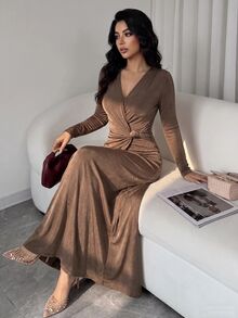 Modelyn 女式纯色简约V领长袖连衣裙，休闲日常穿着 - 棕色 - 查看 6
