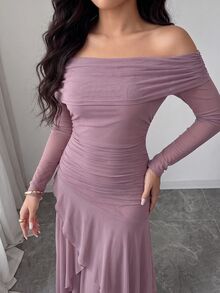 Modelyn 女士时尚优雅浪漫露肩荷叶边连衣裙 - 藕粉色 - 查看 4