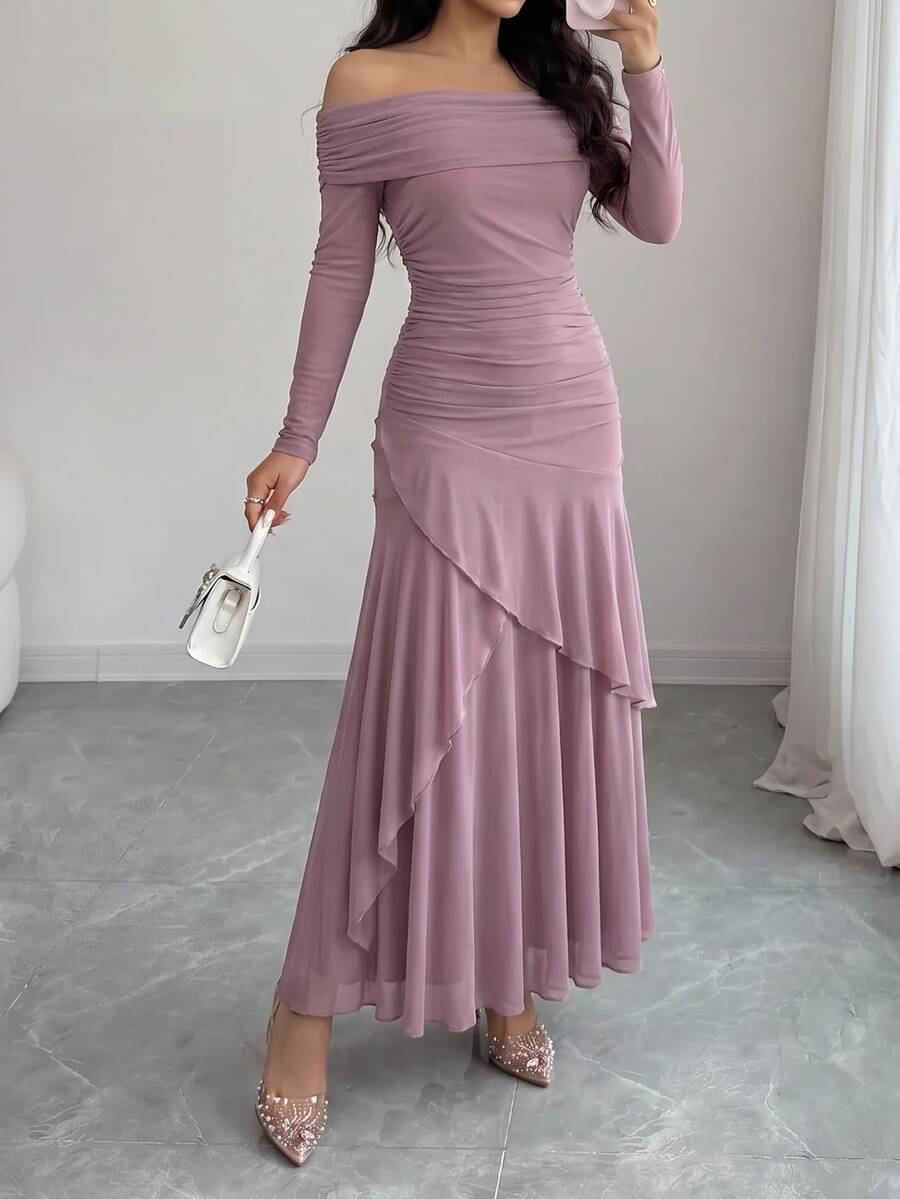 Modelyn 女士时尚优雅浪漫露肩荷叶边连衣裙