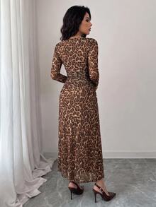 TrendSteals Women's Leopard Print Swan Neck Long Sleeve Ruffle Dress Animal Print Dress - Multicolor - View 2