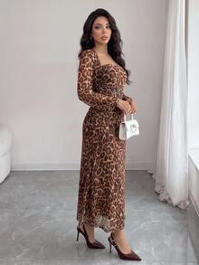 TrendSteals Women's Leopard Print Swan Neck Long Sleeve Ruffle Dress Animal Print Dress - Multicolor - View 6