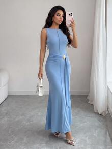 Modelyn Vestido de mujer de unicolor con cuello redondo, plisado y ajustado sin mangas - Azul - Ver 6