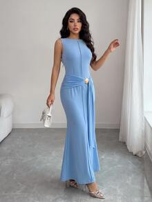 Modelyn Vestido de mujer de unicolor con cuello redondo, plisado y ajustado sin mangas - Azul - Ver 4