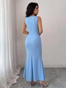 Modelyn Vestido de mujer de unicolor con cuello redondo, plisado y ajustado sin mangas - Azul - Ver 2