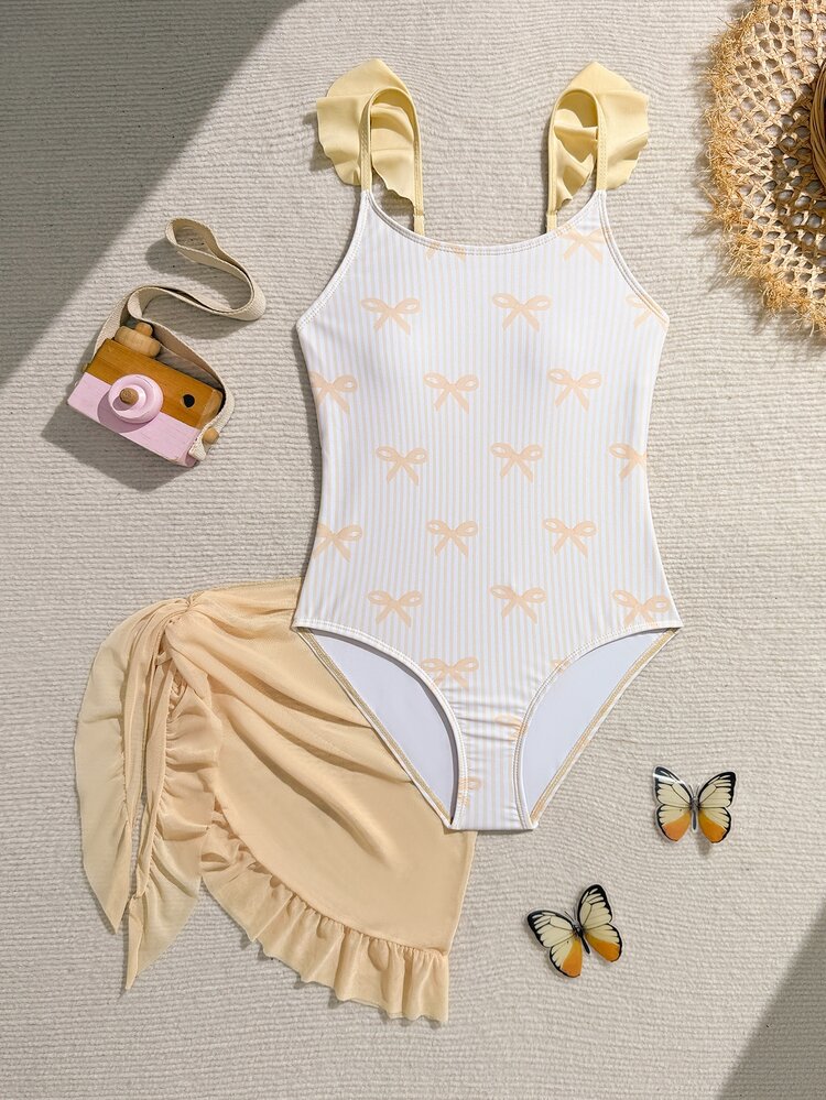 SHEIN Tween Girls Cute Bow Tie Print Shoulder Strap Floral Trim One-Piece Swimsuit With Ruffle Skirt, Suitable For Swimming, Vacation, Summer Beach - Yellow - View 1