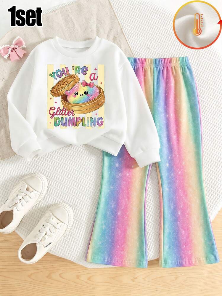 SHEIN 1 Set Young Girls Cute Dumpling & Tie-Dye Colorful Print Casual Versatile Crew Neck Long Sleeve Sweatshirt + Flared Pants, Suitable For Daily Wear - Multicolor - View 1