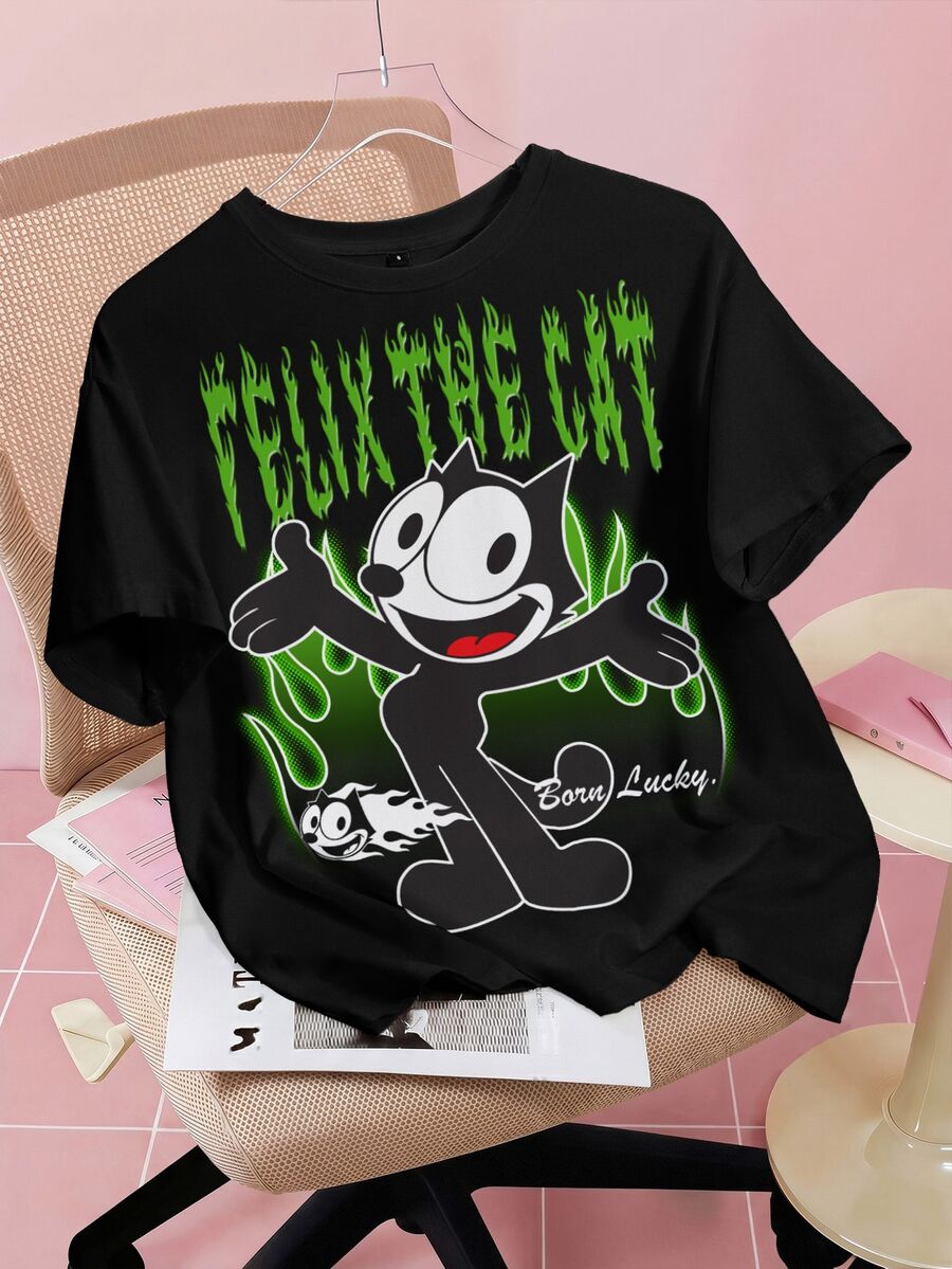 SHEIN Felix The Cat 女士休闲街头日常通勤趣味火焰字母图案宽松黑色T恤,夏季 - 黑色 - 查看 1