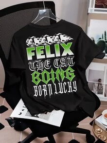 SHEIN Felix The Cat 女士休闲街头日常通勤趣味火焰字母图案宽松黑色T恤，夏季 - 黑色 - 查看 2