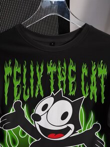 SHEIN Felix The Cat 女士休闲街头日常通勤趣味火焰字母图案宽松黑色T恤，夏季 - 黑色 - 查看 3