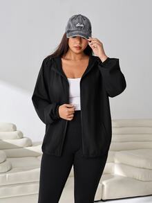 SHEIN EZwear 大尺碼女款休閒百搭純色連帽夾克 - 黑色 - 查看 5