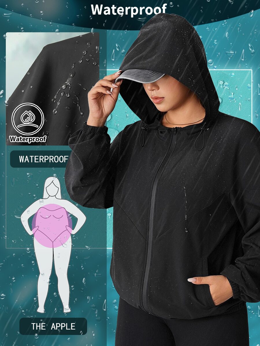 SHEIN EZwear 大尺碼女款休閒百搭純色連帽夾克 - 黑色 - 查看 1