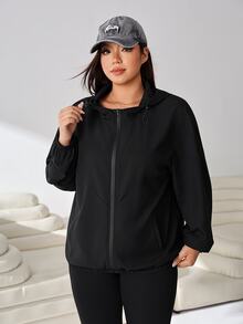 SHEIN EZwear 大尺碼女款休閒百搭純色連帽夾克 - 黑色 - 查看 4