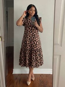 SHEIN Lady CURVE Plus Size Dresses Vacation Formal Beige Summer Cute Casual Fairy - Brown - View 5