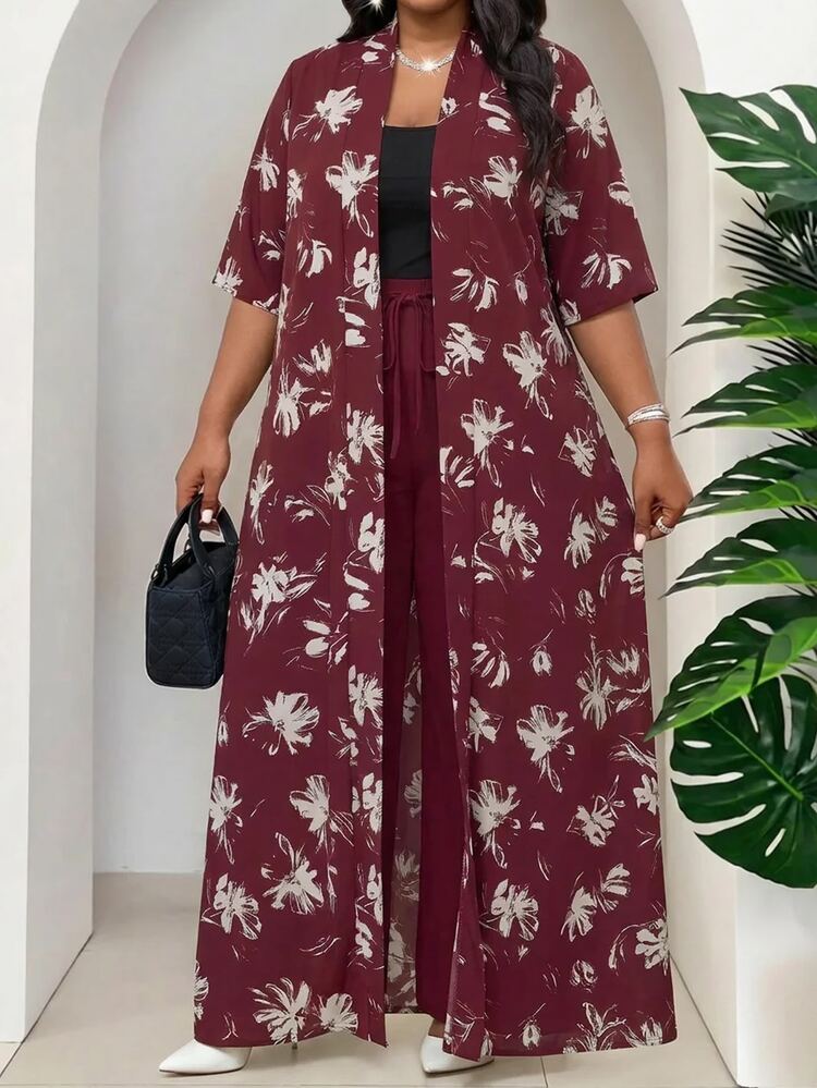 SHEIN Lady Plus Size Women's All-Over Print Cardigan And Pants Casual Elegant Everyday 2 Pieces Set Brunch Vacation Formal Burgundy Summer - Burgundy - View 3
