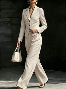 Linhara CURVE Plus Size Women's Woven Business Casual Elegant Autumn Suit Set - Apricot - View 4