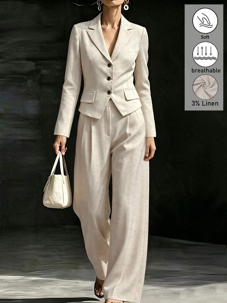 Linhara CURVE Plus Size Women's Woven Business Casual Elegant Autumn Suit Set - Apricot - View 1