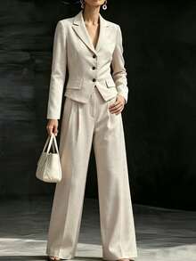 Linhara CURVE Plus Size Women's Woven Business Casual Elegant Autumn Suit Set - Apricot - View 3