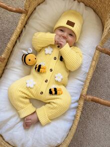 SHEIN Pelele de punto acanalado amarillo de manga larga con cuello redondo y botones delanteros para bebé recién nacido, otoño e invierno - Amarillo - Ver 2