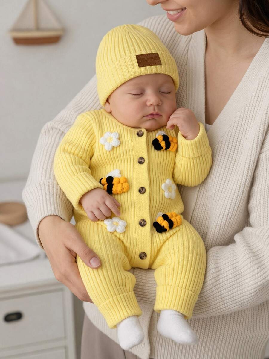 SHEIN Pelele de punto acanalado amarillo de manga larga con cuello redondo y botones delanteros para bebé recién nacido, otoño e invierno - Amarillo - Ver 1