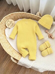 SHEIN Pelele de punto acanalado amarillo de manga larga con cuello redondo y botones delanteros para bebé recién nacido, otoño e invierno - Amarillo - Ver 3