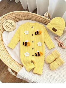 SHEIN Pelele de punto acanalado amarillo de manga larga con cuello redondo y botones delanteros para bebé recién nacido, otoño e invierno - Amarillo - Ver 5