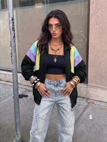 Muchica Colorblock Drop Shoulder Zip Up Jacket In Fall/Winter - Multicolor - View 5