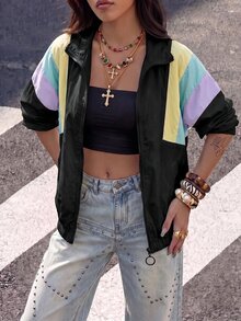 Muchica Colorblock Drop Shoulder Zip Up Jacket In Fall/Winter - Multicolor - View 8