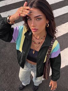 Muchica Colorblock Drop Shoulder Zip Up Jacket In Fall/Winter - Multicolor - View 1
