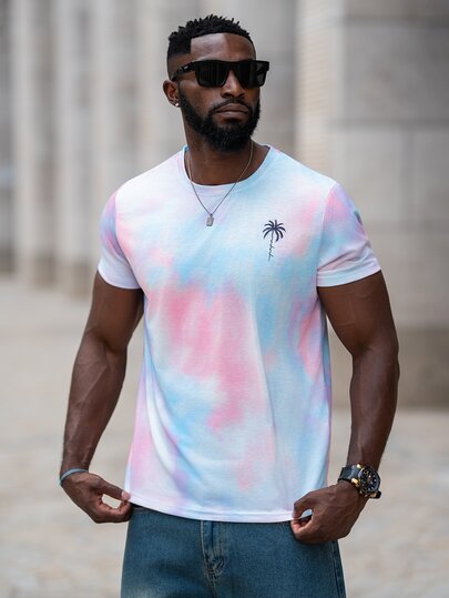 thenoahjr thenoahjr Men Summer Sports Leisure Colorful Tie-Dye Coconut Tree Printed Round Neck Short Sleeve T-Shirt, For Going Out, For Friends, 2000s Style, Holiday