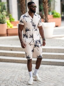 thenoahjr thenoahjr 男士随机棕榈树印花衬衫和抽绳腰短裤（不含 T 恤）、度假、舒适服装 - 杏色 - 查看 4
