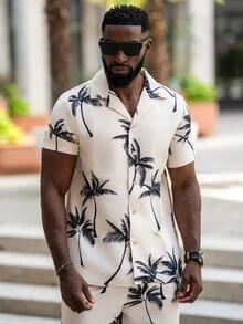 thenoahjr thenoahjr 男士随机棕榈树印花衬衫和抽绳腰短裤（不含 T 恤）、度假、舒适服装 - 杏色 - 查看 3