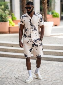 thenoahjr thenoahjr 男士随机棕榈树印花衬衫和抽绳腰短裤（不含 T 恤）、度假、舒适服装 - 杏色 - 查看 1