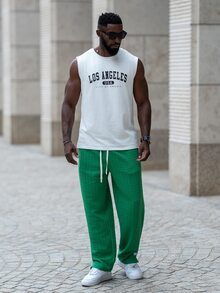 thenoahjr thenoahjr Men's Casual Minimalist Letter Print Split Hem Drawstring Waist Sweatpants - Green - View 5