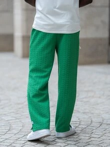 thenoahjr thenoahjr Men's Casual Minimalist Letter Print Split Hem Drawstring Waist Sweatpants - Green - View 2
