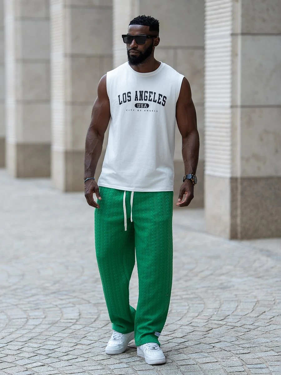 thenoahjr thenoahjr Men's Casual Minimalist Letter Print Split Hem Drawstring Waist Sweatpants - Green - View 1