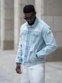 thenoahjr thenoahjr 男士长袖棉质破洞翻盖口袋浅蓝色牛仔夹克（不含T恤），派对朋克摇滚风男友礼物，外出都市街头风，秋季款 - 淺色水洗藍 - 查看 4
