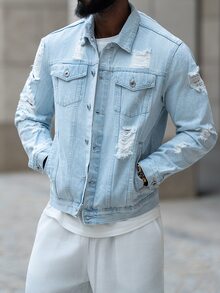 thenoahjr thenoahjr 男士长袖棉质破洞翻盖口袋浅蓝色牛仔夹克（不含T恤），派对朋克摇滚风男友礼物，外出都市街头风，秋季款 - 淺色水洗藍 - 查看 5