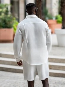 thenoahjr thenoahjr 男士白色长袖单排扣衬衫和抽绳腰短裤两件套休闲套装，秋季服装，假日装 - 白色 - 查看 4