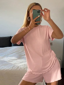 Livesso 女款夏季舒適純色極簡針織密織波浪邊家居服套裝 - 珊瑚粉 - 查看 1