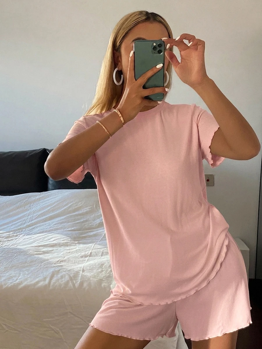 Livesso 女款夏季舒適純色極簡針織密織波浪邊家居服套裝 - 珊瑚粉 - 查看 1