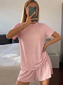 Livesso 女款夏季舒適純色極簡針織密織波浪邊家居服套裝 - 珊瑚粉 - 查看 3