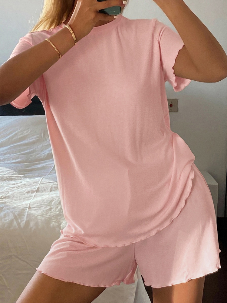 Livesso Women's Summer Comfortable Solid Color Minimalist Knit Dense Wavy Edge Loungewear Set - Coral Pink - View 5