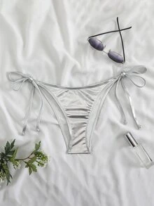 Swim Basics Women's Metal Texture Lace-Up Bikini Bottom For Vacation For Summer - Silver - View 2