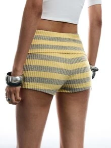 Comfortcana Contrast Striped Print Foldover Waist Shorts - Multicolor - View 3